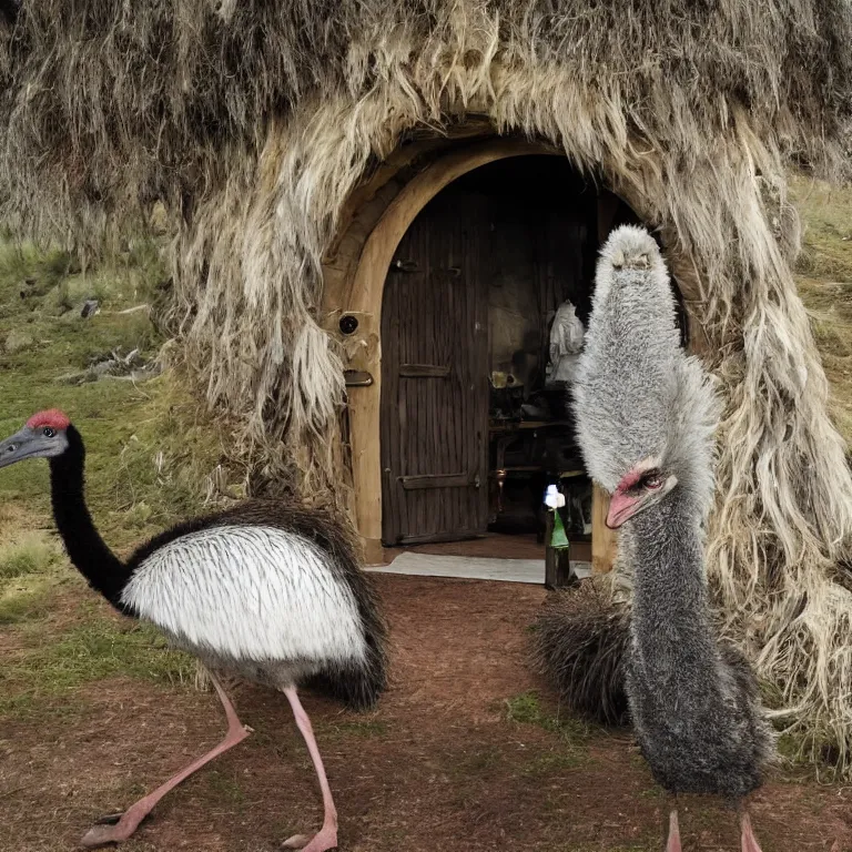 Prompt: an emu in the middle of a hobbit tavern