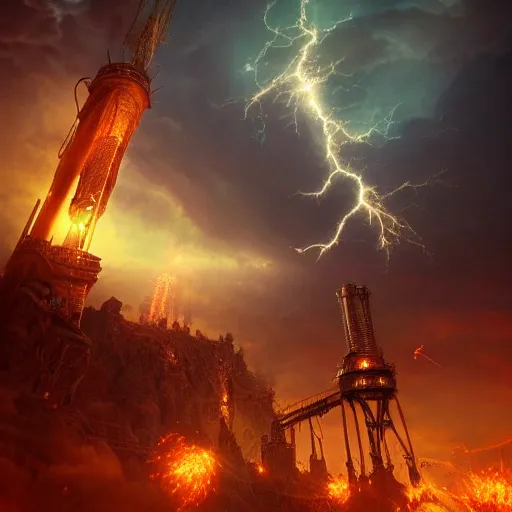 Image similar to a flying steampunk fortress, intricate, behrens style, octane render, fantasy digital art, beautiful composition, trending on artstation, night, meteors, lightning!!!, lightning, lightning, dramatic lighting, red glow, eldritch