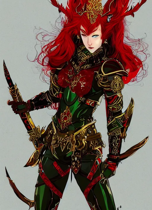 Image similar to Full body portrait of a handsome young red haired elven princess warrior wearing red, green and gold ornate leather armour and golden tiara. In style of Yoji Shinkawa and Hyung-tae Kim, trending on ArtStation, dark fantasy, great composition, concept art, highly detailed.