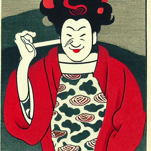 Image similar to ukiyo - e style print of ronald mcdonald smoking a cigarette