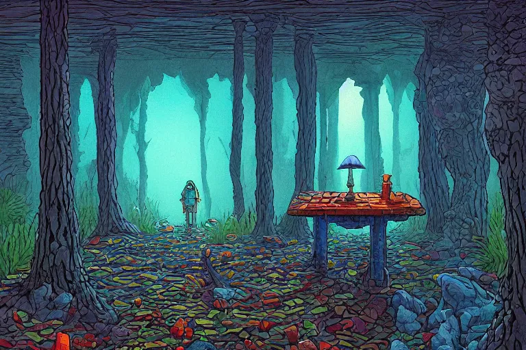 Prompt: foresty POINT PERSPECTIVE DUNGEON nightjar ROOM, painted by Edward Gorey and Moebius and Greg Rutkowski and Paul Wenzel and George Barr and Stephen Youll,trending on artstation, iridescent cool blue and cyan and red and blue and yellow and green lighting front view futuresynth , outrun , vibrant colors, Sabattier filter , Watercolor
