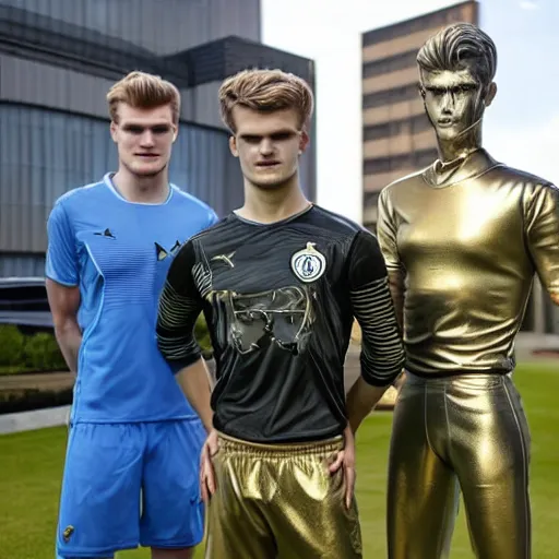 Image similar to a realistic detailed photo of a guy who is an attractive humanoid who is half robot and half humanoid, who is a male android, soccer players martin ødegaard & timo werner, shiny skin, posing like a statue, blank stare, by the pool, on display, showing off his muscles, gold soccer shorts, no jersey, statue, many copies of them