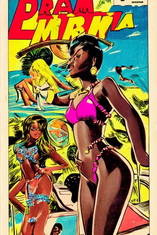 Image similar to !dream african bikini girls drawn by Jack Kirby, vintage 70s comic cover