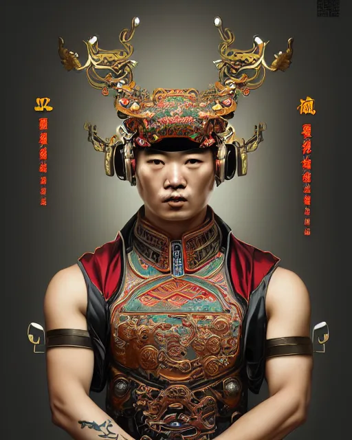 Image similar to portrait of a chinese masculine male cyberpunk machine, machine face, upper half portrait, decorated with chinese opera motifs, muscular, asian, fine china, wuxia, traditional chinese art intricate intense elegant 京 剧 highly detailed symmetry headpiece digital painting artstation concept art smooth sharp focus illustration, art by artgerm and greg rutkowski alphonse mucha 8 k