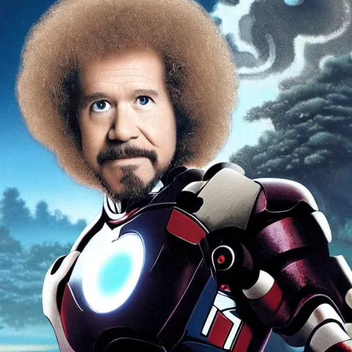 Image similar to a press photo Bob Ross as Ironman