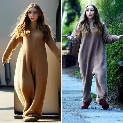 Prompt: elizabeth olsen in a hollowed out potato, elizabeth olsen in a potato suit, on the walkway