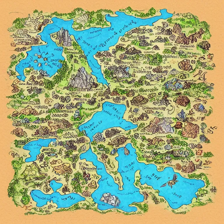 Image similar to imaginary map of a fantacy world, different realms, blueprint, infographic, on paper, natural colors, with notes, highly detailed