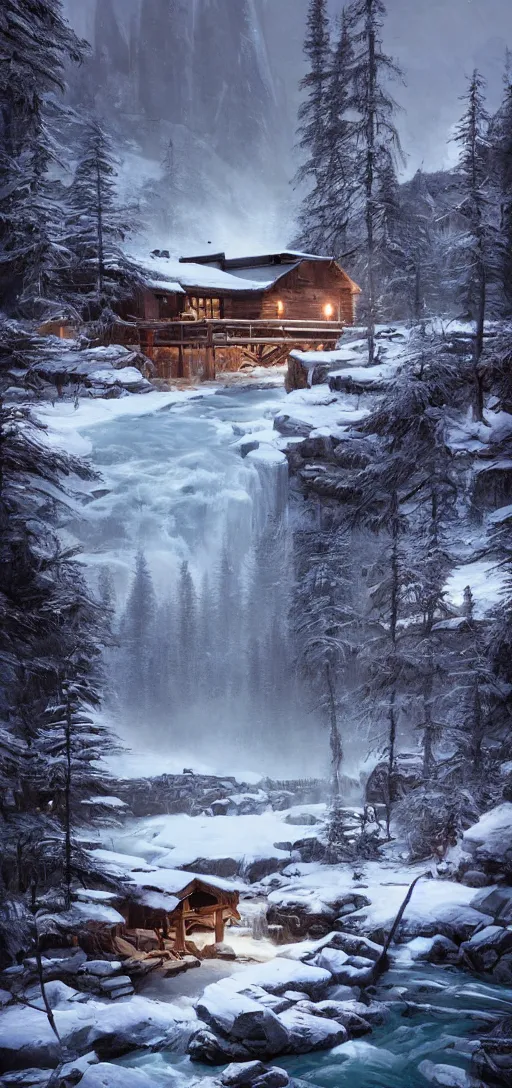 Image similar to cozy lodge beside a river stream in the canadian wilderness in winter, dramatic lighting, cinematic, establishing shot, extremely high detail, photo realistic, cinematic lighting, post processed, concept art, artstation, matte painting, style by eddie mendoza, raphael lacoste, alex ross