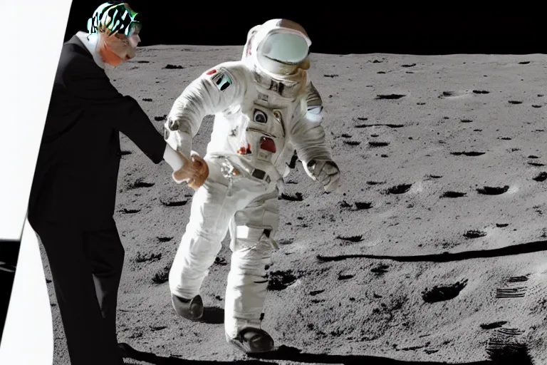 Prompt: President barrack Obama holding hands lovingly with Vladimir Putin on the moon, photorealistic 8K