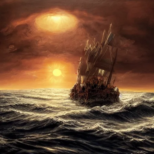 Image similar to breathtaking detailed concept art painting of noah's ark sailing across the flooded earth, sun half covered by dark clouds