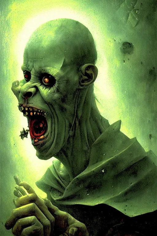 Image similar to hieronymus bosch, greg rutkowski, anna podedworna, close up portrait of bjornson, screaming, insane eyes, mad, god rays, wide shot of a graveyard lit by spooky green lights