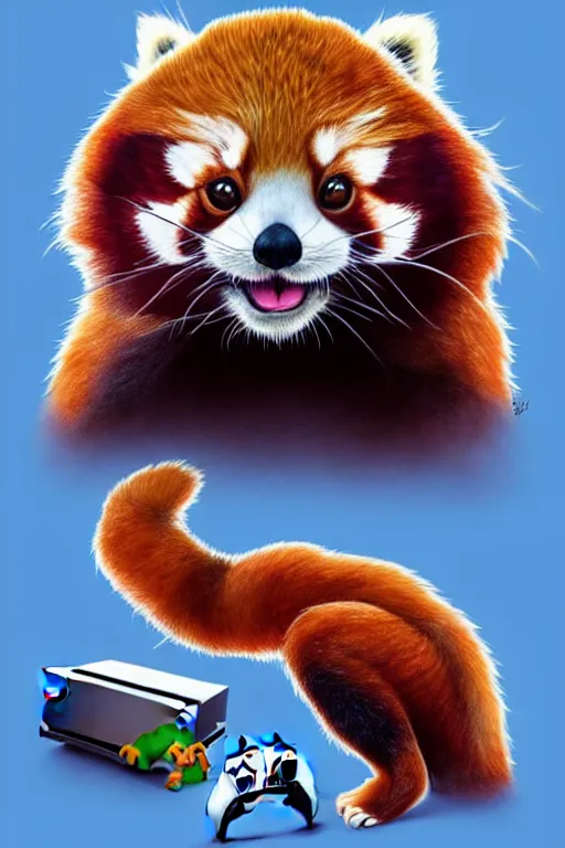 Image similar to red panda playing xbox one, animation pixar style, by pendleton ward, magali villeneuve, artgerm, rob rey and kentaro miura style, golden ratio, trending on art station