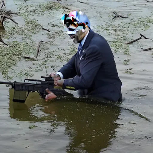 Image similar to Joe Biden rising out of swamp water with an AR15