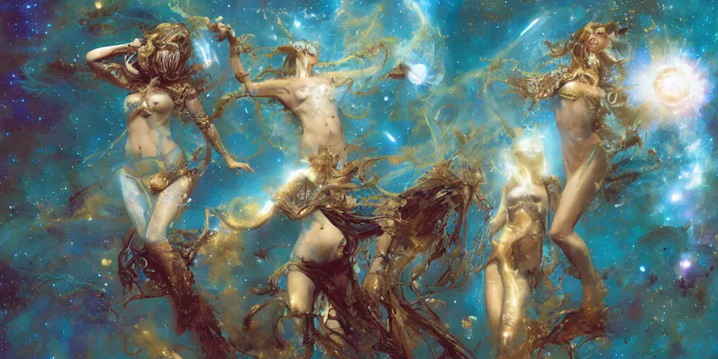 Image similar to supernova, space mermaids in space costumes, stars, painted by steve mccurry, ruan jia, raymond swanland, lawrence alma tadema, zdzislaw beksinski, norman rockwell, jack kirby, tom lovell, alex malveda, greg staples