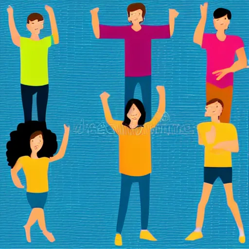 Image similar to team of 4 people vector illustration, no faces, hands raised in joy, vector illustration, white background