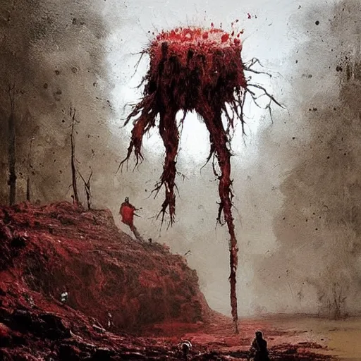 Image similar to painting by jakub rozalski of a muddy rooted humanoid creature with a big hole in the head