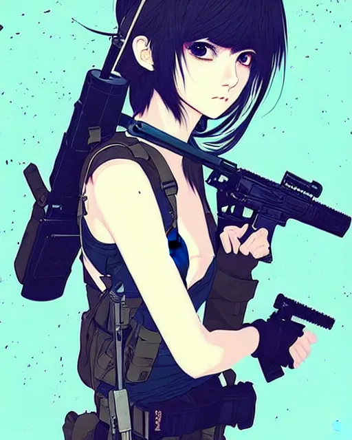 Image similar to girl with tactical gear, very anime!!! anime!! intricate details, aesthetically pleasing pastel colors, poster background, aesthetic details, art by conrad roset and ilya kuvshinov