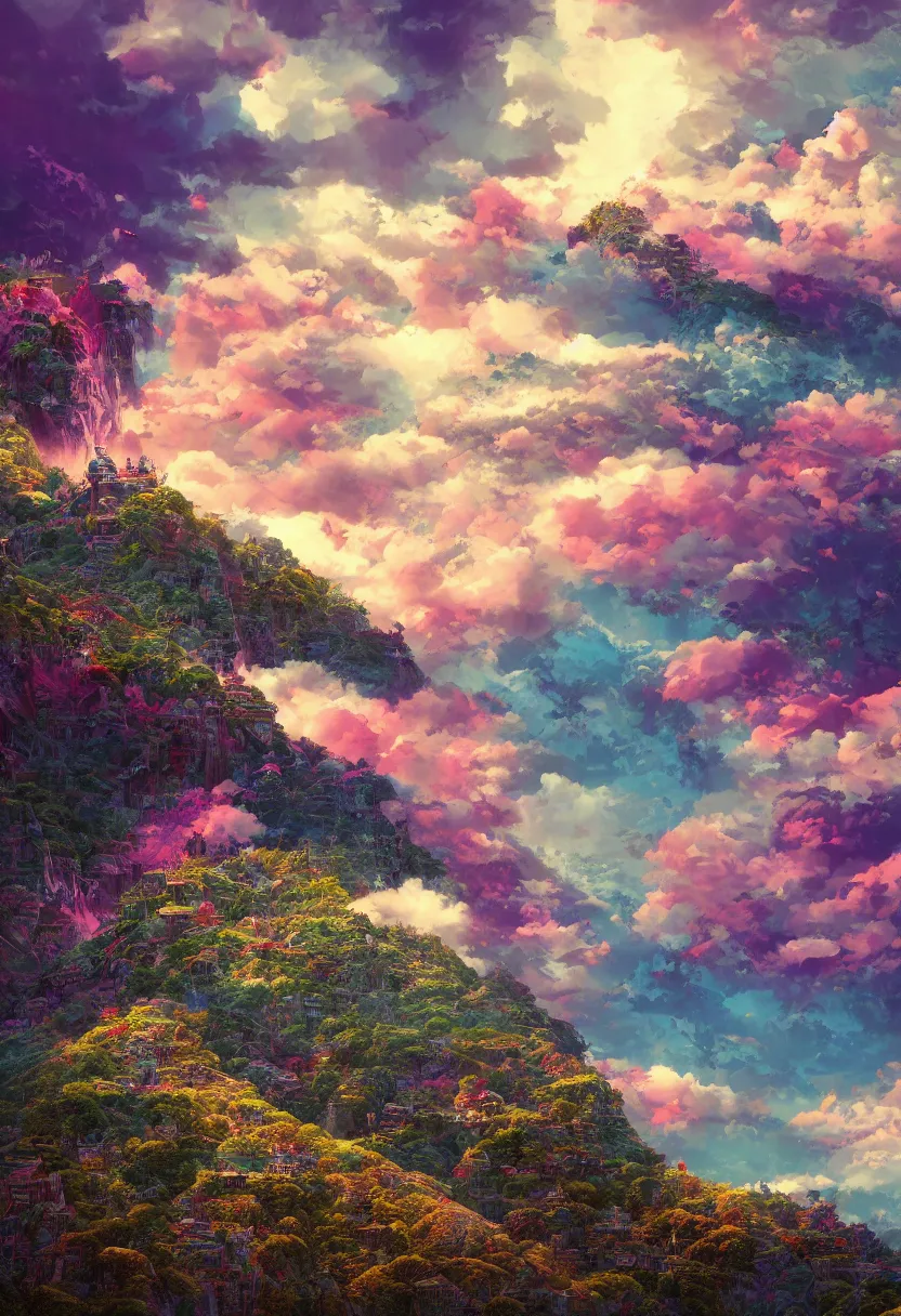 Prompt: Upscaled Hyperdetailed portrait of an epic and dramatic stunning hillside Color-ritual scene with a very few tiny Samurai, colorful sky with dramatic clouds, the gaudy jungle at the background, Intricate line art, finely detailed art station winner by Kilian Eng and by Jake Parker, vibrant colors, winning-award masterpiece, fantastically gaudy, aesthetic octane render, 8K HD Resolution