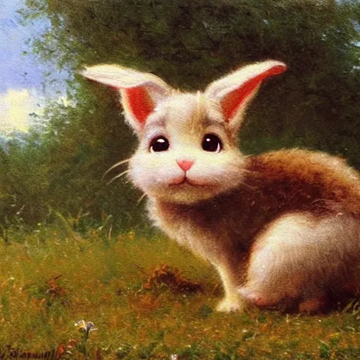 Prompt: oil painting, littlest pet shop cute fuzzy bunny in field, close up, noel coypel, emile eisman - semenowsky, edouard bisson