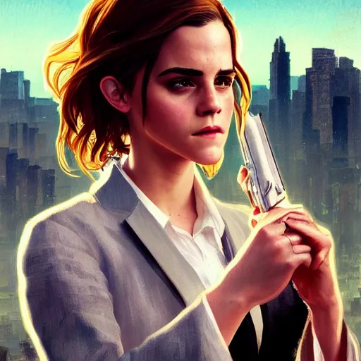 Image similar to Emma Watson wearing a suit as a grand theft auto 5 loading screen, gorgeous, intricate, highly detailed, digital painting, artstation, concept art, sharp focus, illustration, art by greg rutkowski and alphonse mucha