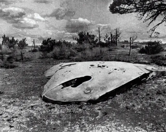 Prompt: a futuristic alien spacecraft, crashed in roswell, 1947, early black and white photo, yellowed with age, cdx