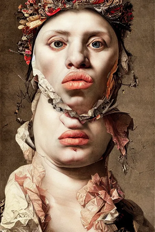 Image similar to Detailed maximalist portrait with large lips and with large pure white eyes, sad, exasperated expression, HD mixed media, 3D collage, highly detailed and intricate illustration in the style of Caravaggio, dark art, baroque