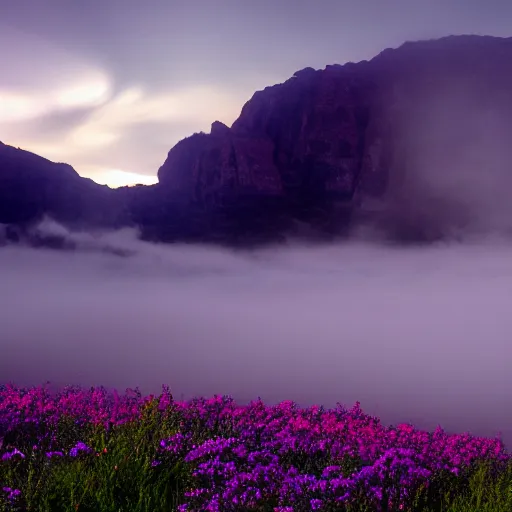 Image similar to a symmetrical a photo of the valley of the moon, bio illuminance flowers, fog rolling in, symmetrical