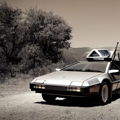 Image similar to a monochromatic sepia photograph of a delorean on the oregon trail, trending on art station,