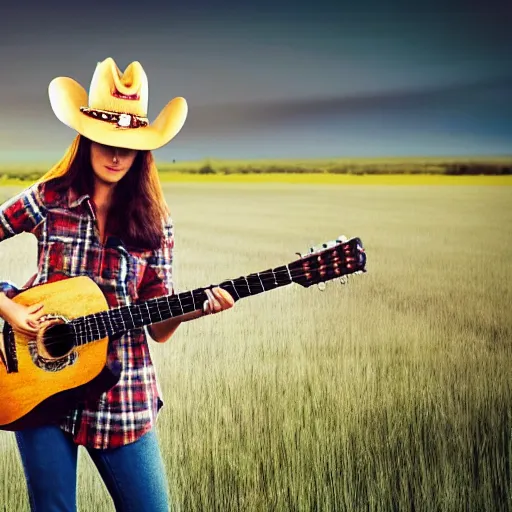 Image similar to a female fluffy humanoid fox animal, wearing cowboy hat, wearing plaid shirt, playing guitar, in a field, barn in background, album cover style