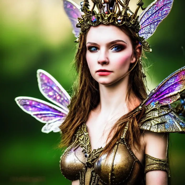 Image similar to photo of a very beautiful!! fairy queen with ornate sparkling armour, highly detailed, 4 k, hdr, smooth, sharp focus, high resolution, award - winning photo