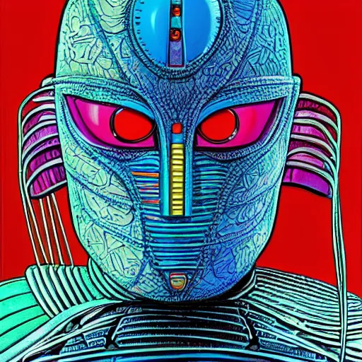 Prompt: beautiful portrait of the colorful masked humanoid android, vivid colors, intricate, highly detailed, masterful, in the style of moebius, akira toriyama, jean giraud