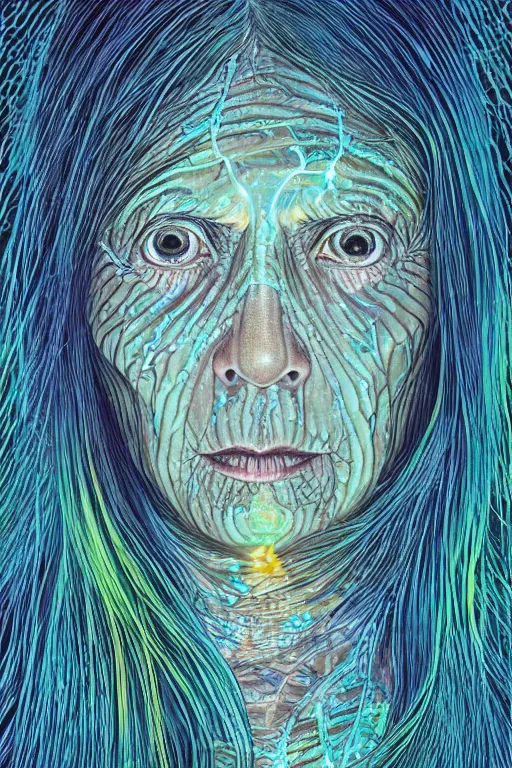 Image similar to dark underwater portrait of one Bioluminescent old woman, with cracked reaction diffusion semi-transparent skin. multicolored fish scales, face closeup. long intricate dark hair. good face proportions. with many jellyfishes. very high detail, illustration, by alex grey and Ilya Kuvshinov