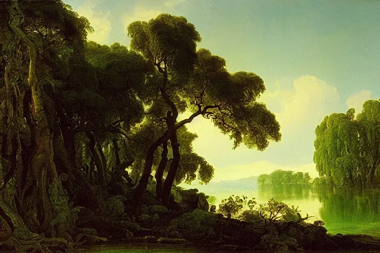 Prompt: painting of a old tree next to a meandering river by alexei savrasov and thomas cole