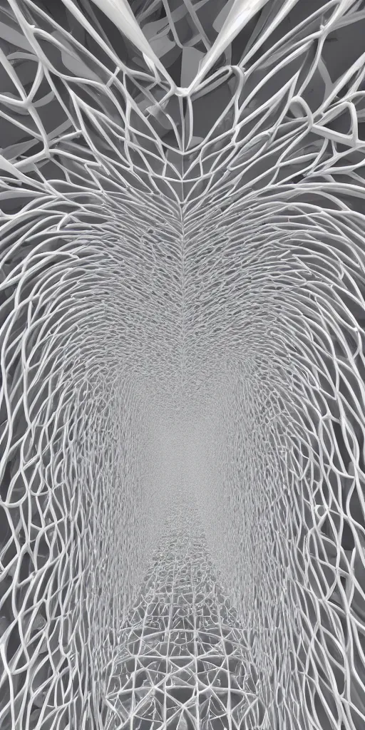 Image similar to awe symmetrical highly sophisticated highly intricated generative flow fields curve ornate network wood Sagrada Familia ceiling continuous landscape flow, dezeen, Zaha Hadid, hyper realistic pastel light gray dark gray and white, ultra detailed, parametric architecture, 8k, epic cinematic detailed, 3D