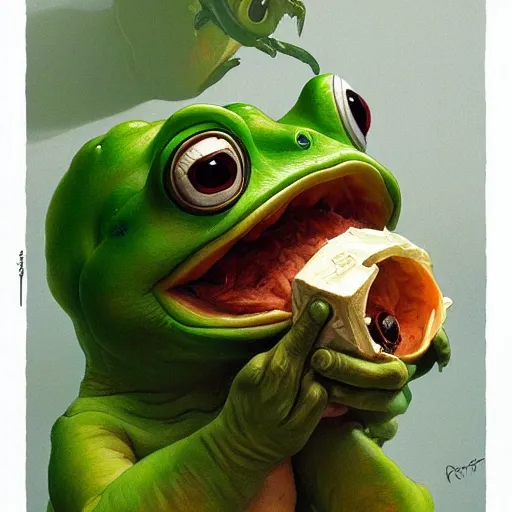 Image similar to Portrait of Little Pepe the frog playing with a big human face banana, intricate, wild, highly detailed, digital painting, artstation, concept art, smooth, sharp focus, illustration, art by artgerm and greg rutkowski and alphonse mucha