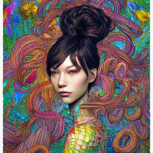 Image similar to the portrait of a ridiculously beautiful and elegant woman partially made of onion rings of all colors, an ultrafine detailed illustration by james jean, final fantasy, intricate linework, bright colors, behance contest winner, vanitas, angular, altermodern, unreal engine 5 highly rendered, global illumination, radiant light, detailed and intricate environment