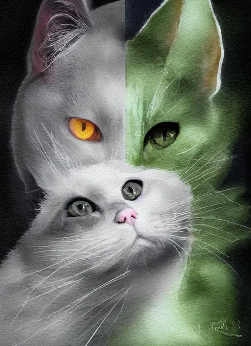 Image similar to blonde woman with green eyes kisses a grey white cat with green eyes, watercolor, dramatic lighting, cinematic, establishing shot, extremly high detail, foto realistic, cinematic lighting, pen and ink, intricate line drawings, by Yoshitaka Amano, Ruan Jia, Kentaro Miura, Artgerm, post processed, concept art, artstation, matte painting, style by eddie mendoza, raphael lacoste, alex ross