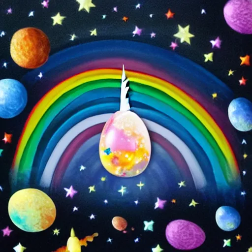Prompt: a unicorn hatching out of an egg in outer space with rainbow nebula