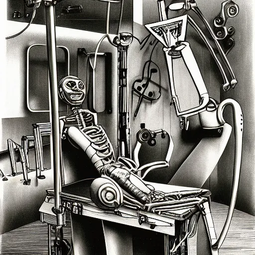 Image similar to a robot with a creepy smile laying on a surgeon's table performing an operation on itself, metal, intricate, by h. r. giger