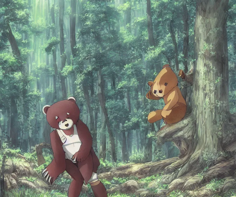 Image similar to bear in a forest, anime fantasy illustration by tomoyuki yamasaki, kyoto studio, madhouse, ufotable, comixwave films, trending on artstation