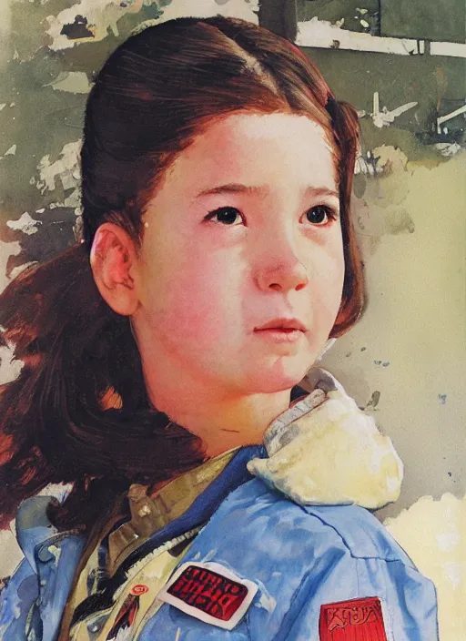 Image similar to a copic maker portrait of an student girl wearing a pilot suit with a puffy kimono coat by john berkey norman rockwell