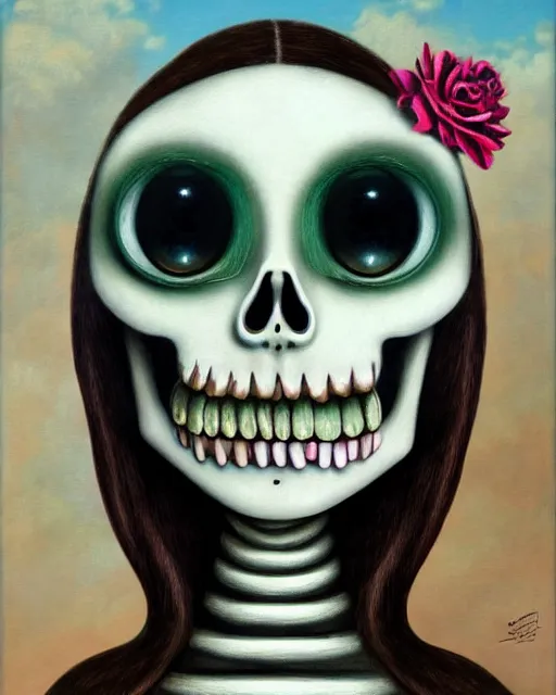 Prompt: a surrealistic head and shoulder painting of a gorgeous female skeleton with cat eyeballs and lipstick, in the style of rene magritte and mark ryden, digital art, detailed masterpiece