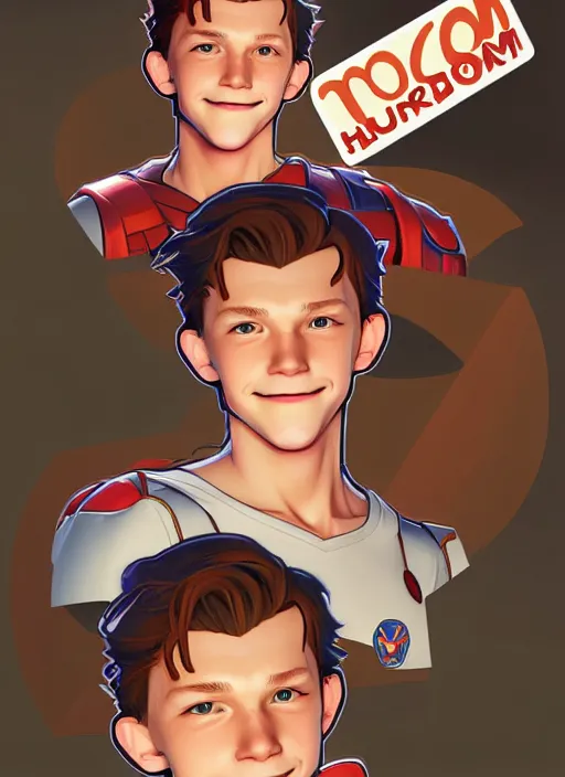 Image similar to cute tom holland sticker design, natural lighting, path traced, highly detailed, high quality, digital painting, by don bluth and ross tran and studio ghibli and alphonse mucha, artgerm