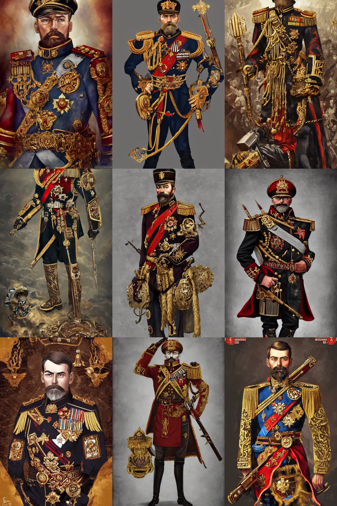 Prompt: Nicholas II of Russia, emperor of Russian Empire, warhammer 40k , ornate, digital art, illustration, artstation, full body, brutal, virile, masculine, military, warhammer, reich aesthetic