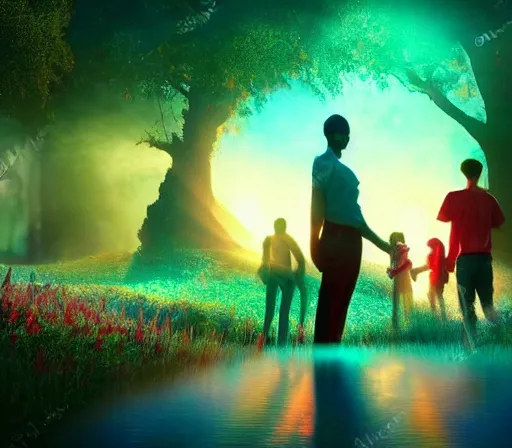 Image similar to people being together in a magical dream world, beautiful colors, cinematic lighting