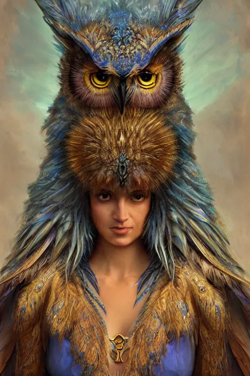 Image similar to a beautiful upper body shot from a fantasy film of a humanoid iridescent blue owlbear wearing a loose tunic. an anthropomorphic owlbear. fantasy, frown, intricate, elegant, highly detailed, digital painting, artstation, concept art, matte, sharp focus, illustration, art by artgerm and greg rutkowski and alphonse mucha