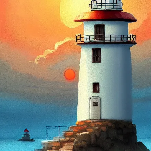 Prompt: beautiful cute cozy lighthouse by the sea, golden warm light, style of hayao miyazaki, digital art trending on artstation