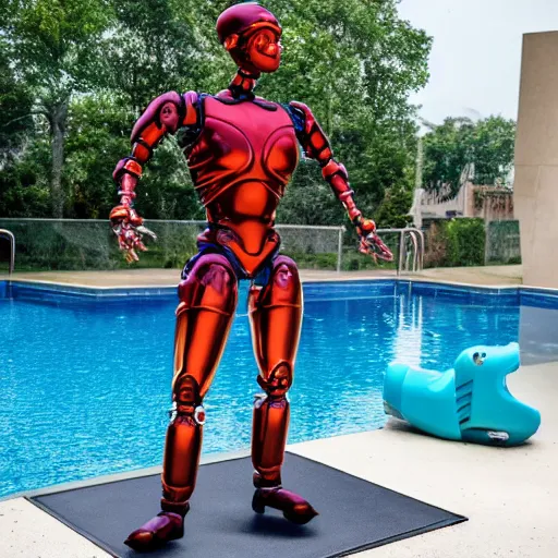 Image similar to by the pool, shiny skin, a realistic detailed photo of a guy who is an attractive humanoid who is half robot and half humanoid, showing off his muscles, twitch streamer / gamer ludwig, humanoid robot, who is a male android, on display, frozen ice statue, posing like a statue, made of ice, blank stare