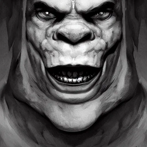 Prompt: noisy black and white shrek creepy face, highly detailed, digital painting, artstation, concept art, smooth, sharp focus, illustration, art by artgerm and greg rutkowski and alphonse mucha