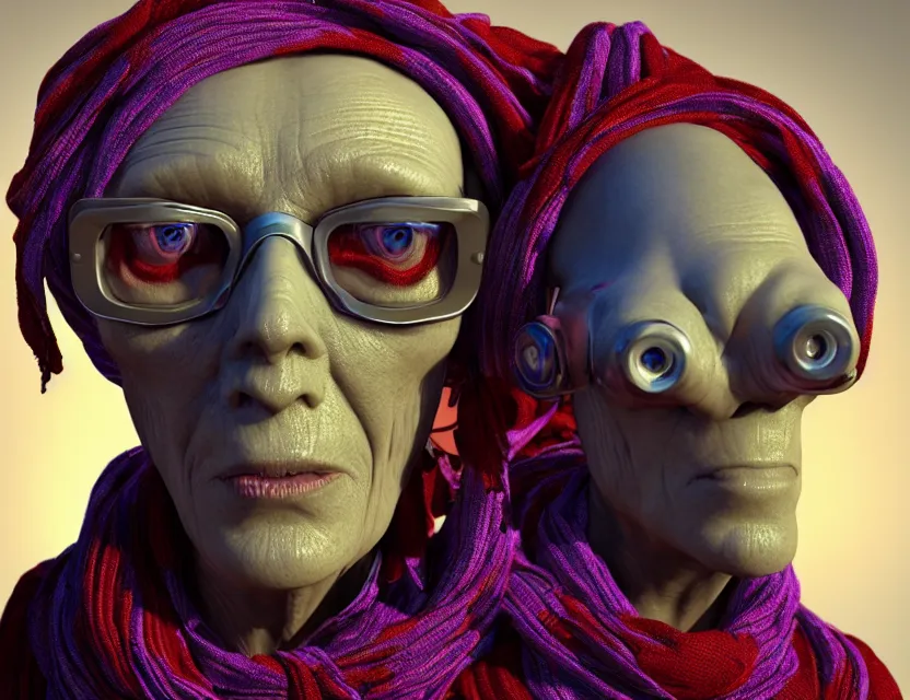 Prompt: cinematic bust portrait of psychedelic ugly robo - cyborg granny, a scarf tied on the head, by jean giraud, trending artstaition, unreal engine